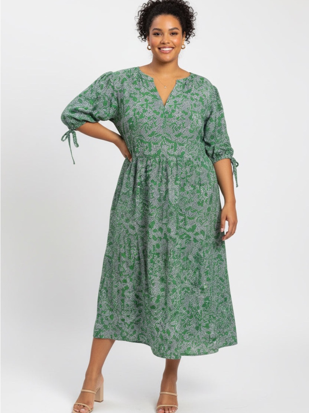 Terra & Sky Green Floral Maxi Dress with Tie Sleeves